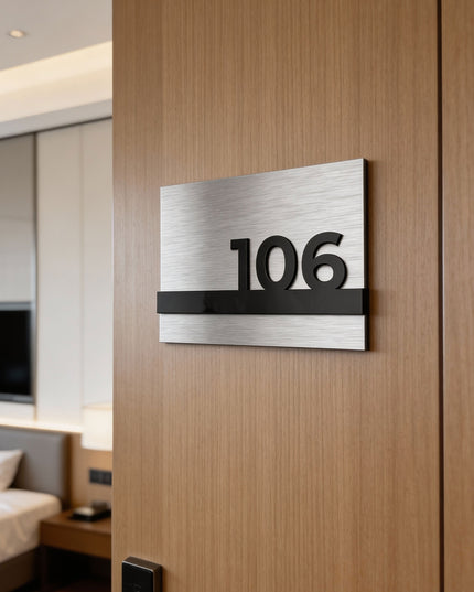 Modern Horizon Design room number sign by ALUMADESIGNCO combining brushed silver aluminum panel and black acrylic glass elements, premium hotel door number plaque