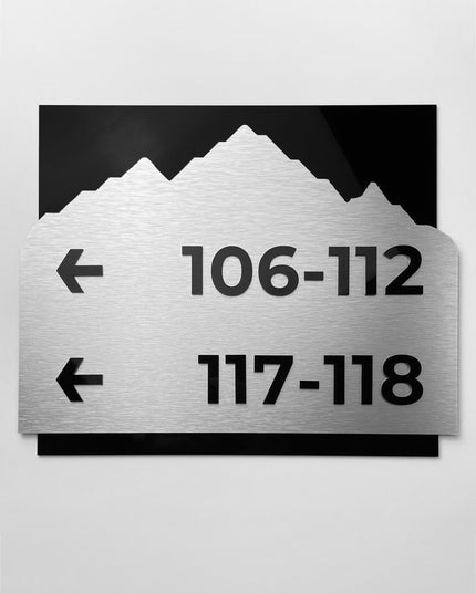 ALUMADESIGNCO Alpine directional wall sign with brushed silver plaque and black acrylic lettering, stylish signage for offices, hospitality spaces, apartment buildings, and interiors