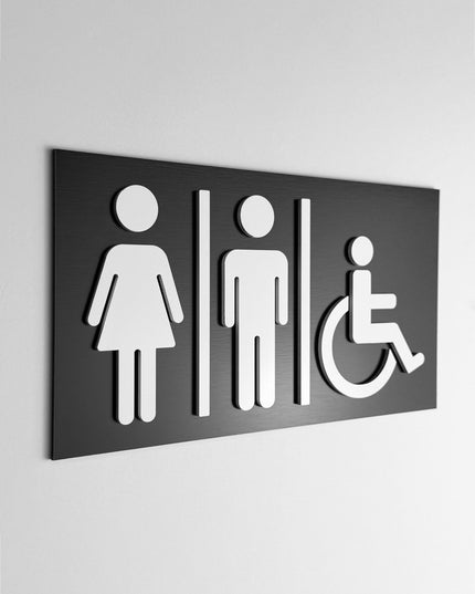 ALUMADESIGNCO all gender restroom sign with modern inclusive pictogram, premium bathroom door signage for offices, hotels, cafés, and commercial interiors