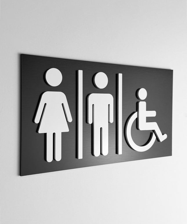 ALUMADESIGNCO all gender restroom sign with modern inclusive pictogram, premium bathroom door signage for offices, hotels, cafés, and commercial interiors