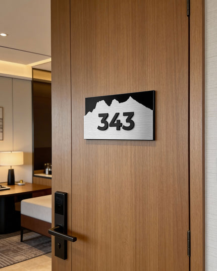 Elegant 3D layered hotel room number sign Alpine Design by ALUMADESIGNCO featuring wood and acrylic layers, modern door plaque for hotel corridors and apartment interiors