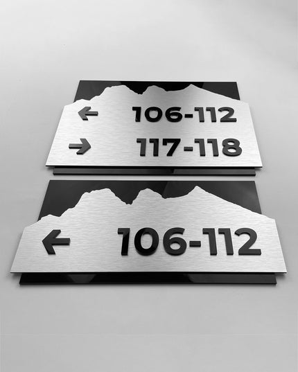 ALUMADESIGNCO brushed silver and black acrylic directional plaque with minimalist modern design, premium signage for offices, apartments, hotels, and commercial buildings