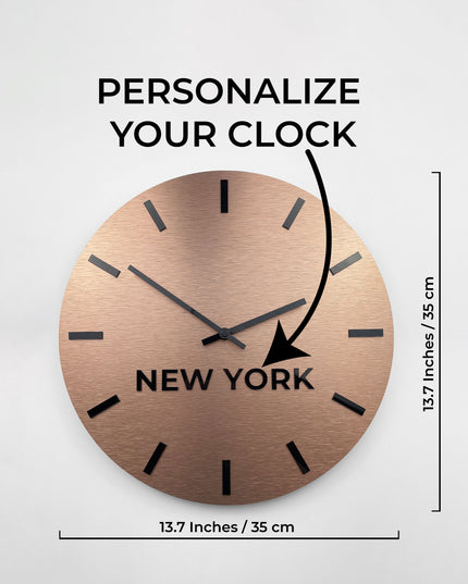 Brushed bronze world clock with custom city name plates by ALUMADESIGNCO, premium time zone wall décor for offices, studios, hotels, and business interiors