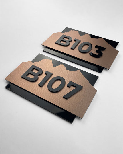 ALUMADESIGNCO Alpine Design custom hotel room number sign with wood and acrylic numbers, premium door signage for hotels, apartments, Airbnb properties, and offices