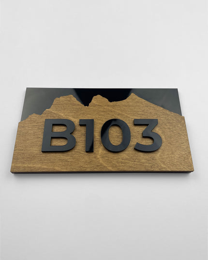 Premium Alpine birch plywood apartment door number plaque by ALUMADESIGNCO with acrylic glass numbers, modern hotel room signage and apartment numbering