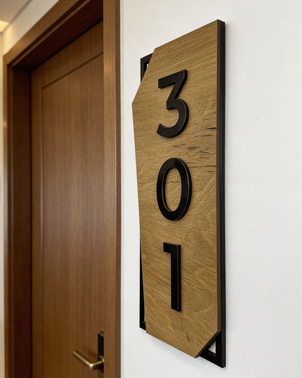 ALUMADESIGNCO classic vertical hotel room sign made from natural birch wood and black acrylic numbers, modern wood and acrylic door signage for hotel corridors, apartments, and boutique interiors
