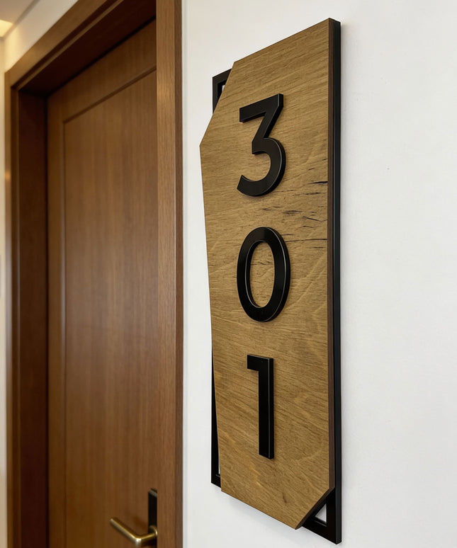 ALUMADESIGNCO classic vertical hotel room sign made from natural birch wood and black acrylic numbers, modern wood and acrylic door signage for hotel corridors, apartments, and boutique interiors