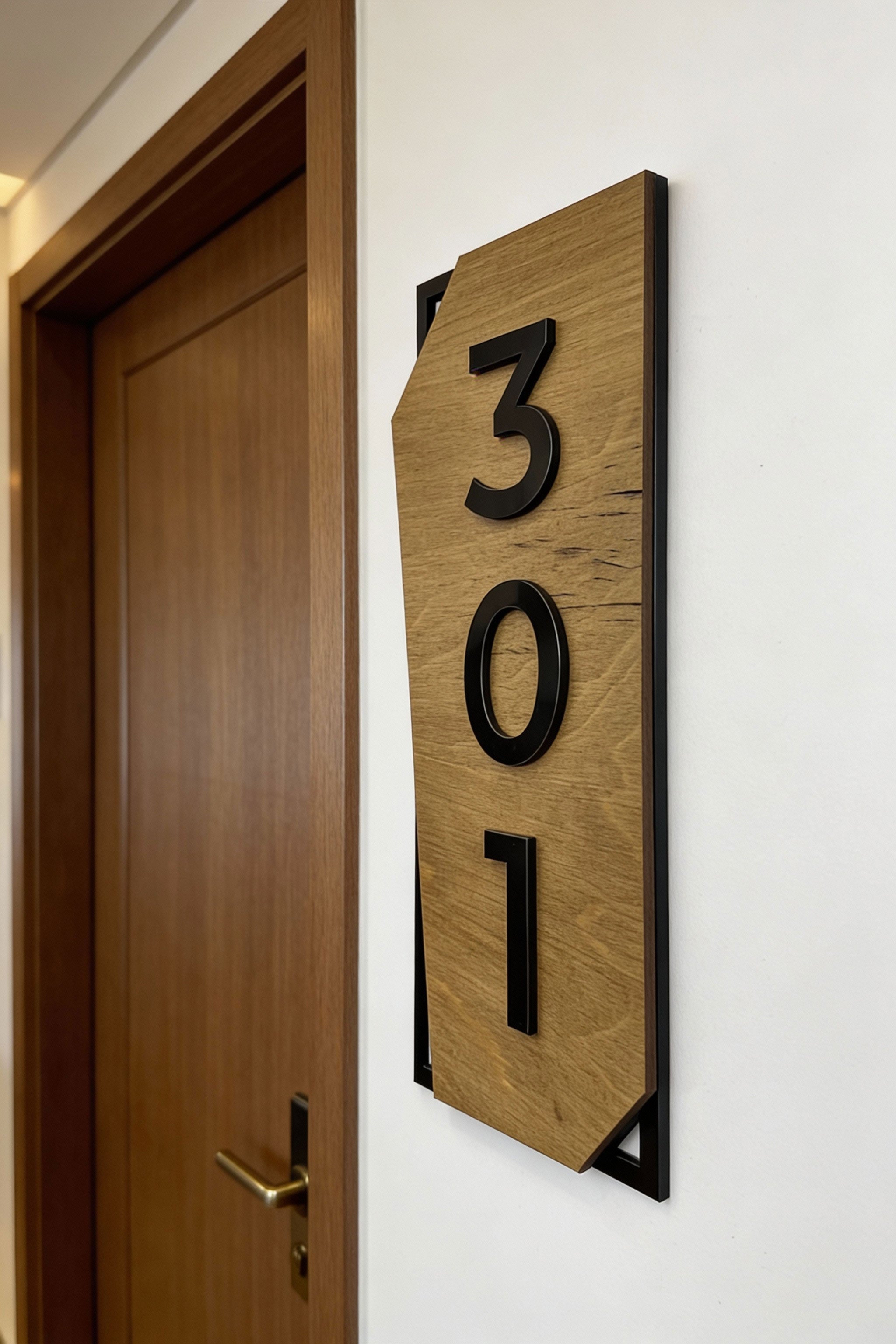 ALUMADESIGNCO classic vertical hotel room sign made from natural birch wood and black acrylic numbers, modern wood and acrylic door signage for hotel corridors, apartments, and boutique interiors