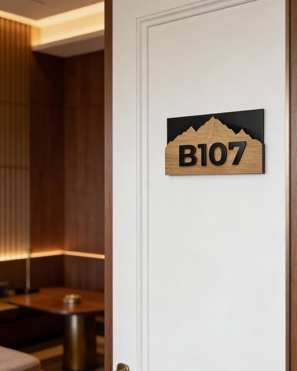 ALUMADESIGNCO Alpine Design custom apartment number sign made from wood and acrylic, modern door signage for apartments, hotels, Airbnb properties, and offices