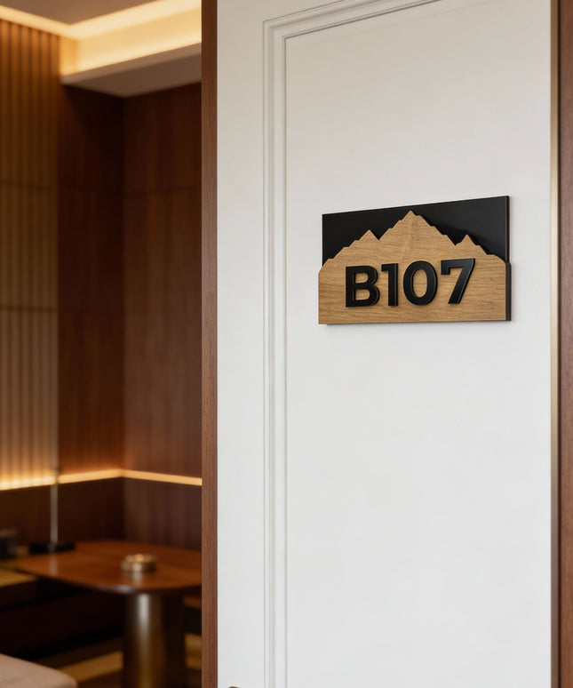 ALUMADESIGNCO Alpine Design custom apartment number sign made from wood and acrylic, modern door signage for apartments, hotels, Airbnb properties, and offices