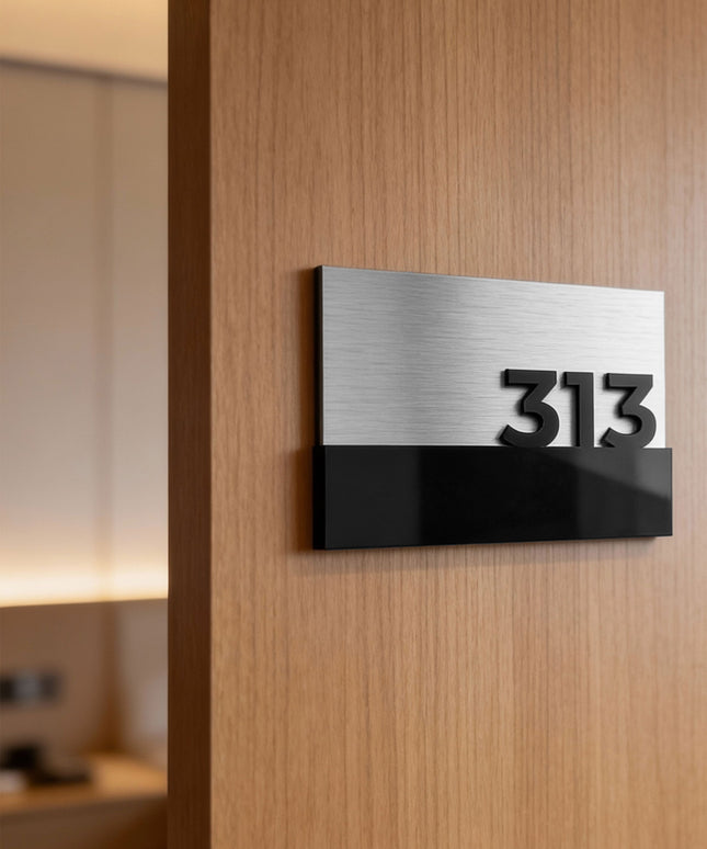 ALUMADESIGNCO Horizon Design elegant brushed silver door number sign with black acrylic numbers, modern door signage for hotels, apartments, and office interiors