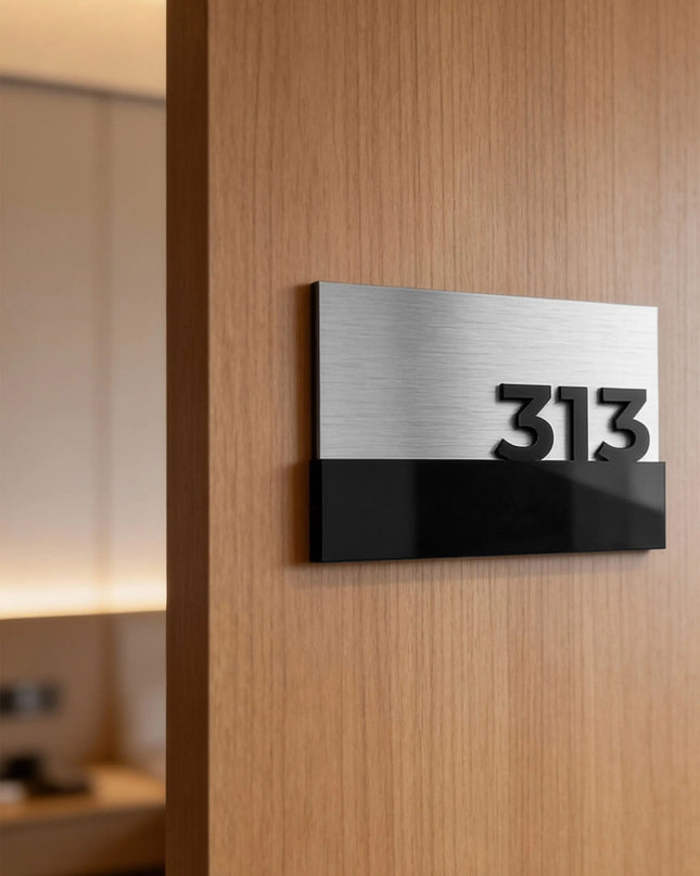 ALUMADESIGNCO Horizon Design elegant brushed silver door number sign with black acrylic numbers, modern door signage for hotels, apartments, and office interiors