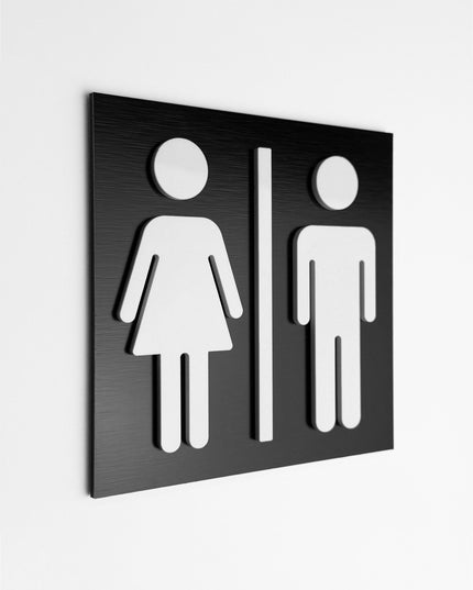 ALUMADESIGNCO male and female restroom sign with modern pictograms, premium toilet door signage for offices, hotels, restaurants, and commercial interiors