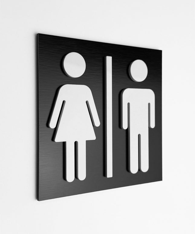 ALUMADESIGNCO male and female restroom sign with modern pictograms, premium toilet door signage for offices, hotels, restaurants, and commercial interiors