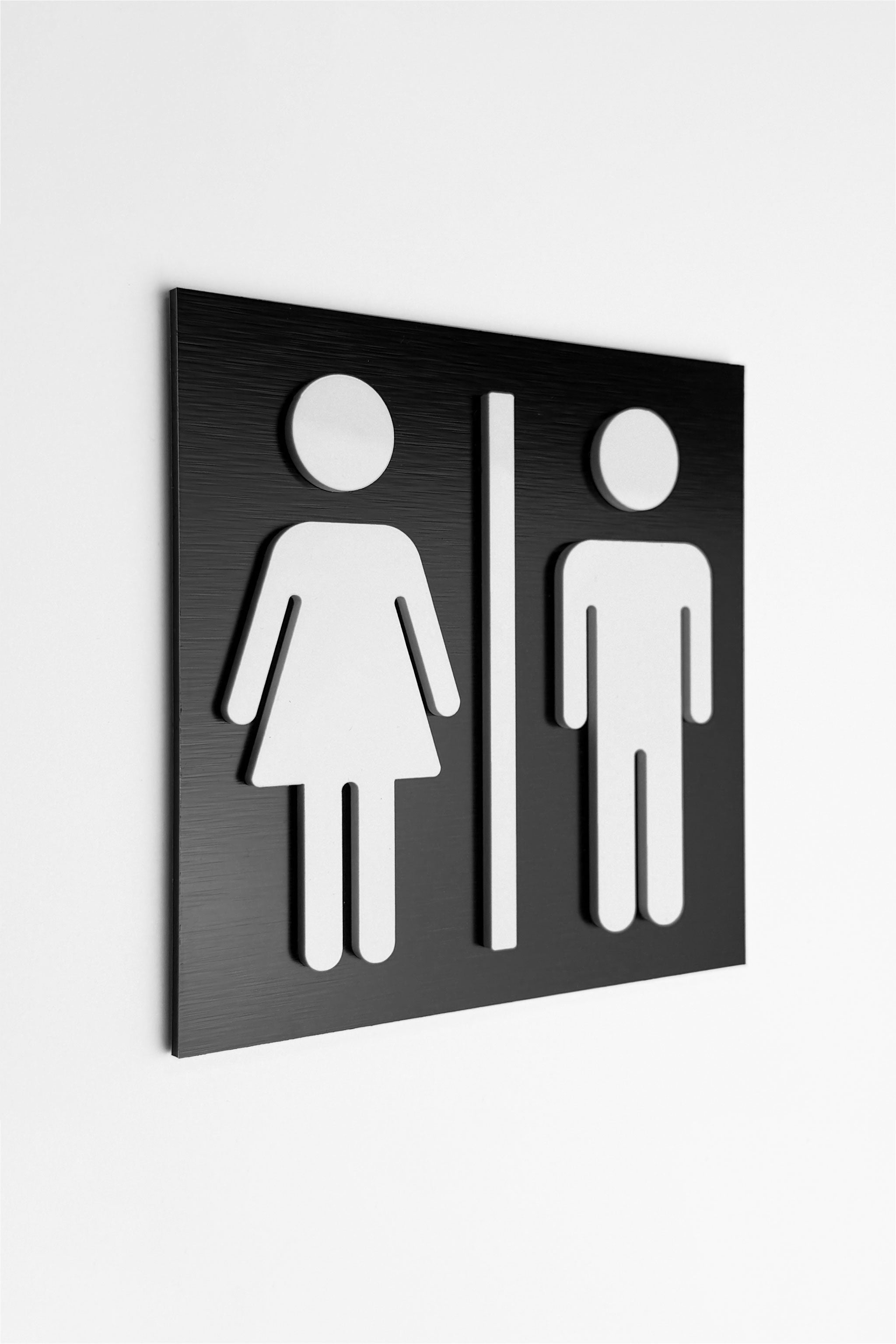 ALUMADESIGNCO male and female restroom sign with modern pictograms, premium toilet door signage for offices, hotels, restaurants, and commercial interiors