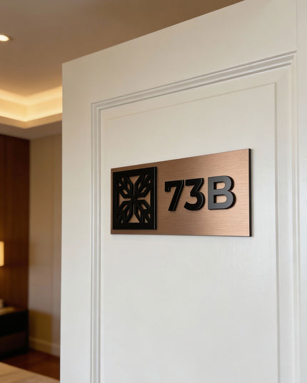 ALUMADESIGNCO Mosaic Design premium brushed bronze hotel room number sign with raised acrylic numbers, modern door signage for boutique hotels, apartments, and interiors