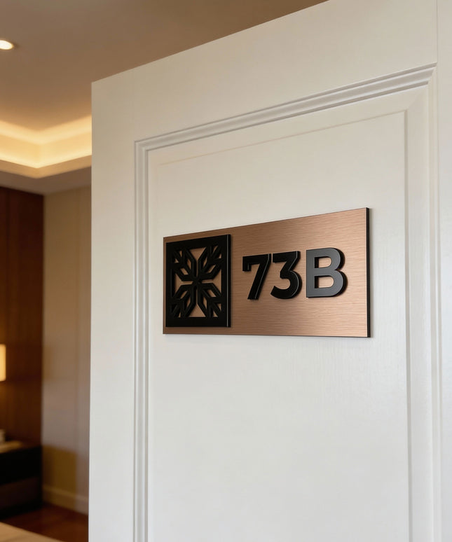 ALUMADESIGNCO Mosaic Design premium brushed bronze hotel room number sign with raised acrylic numbers, modern door signage for boutique hotels, apartments, and interiors