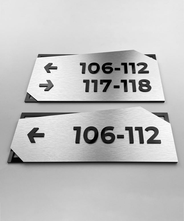 Personalized directional wall sign by ALUMADESIGNCO featuring Modern Design, elegant wayfinding signage for offices, hotels, corridors, and apartment interiors