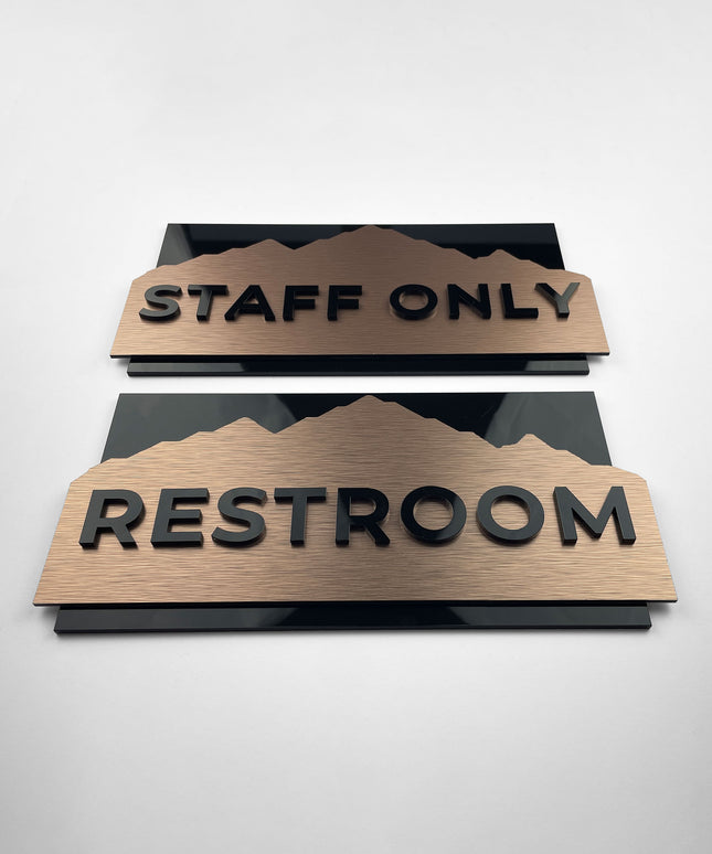 Custom brushed bronze and black acrylic interior door sign by ALUMADESIGNCO, elegant plaque for office doors, hotel interiors, and apartment spaces