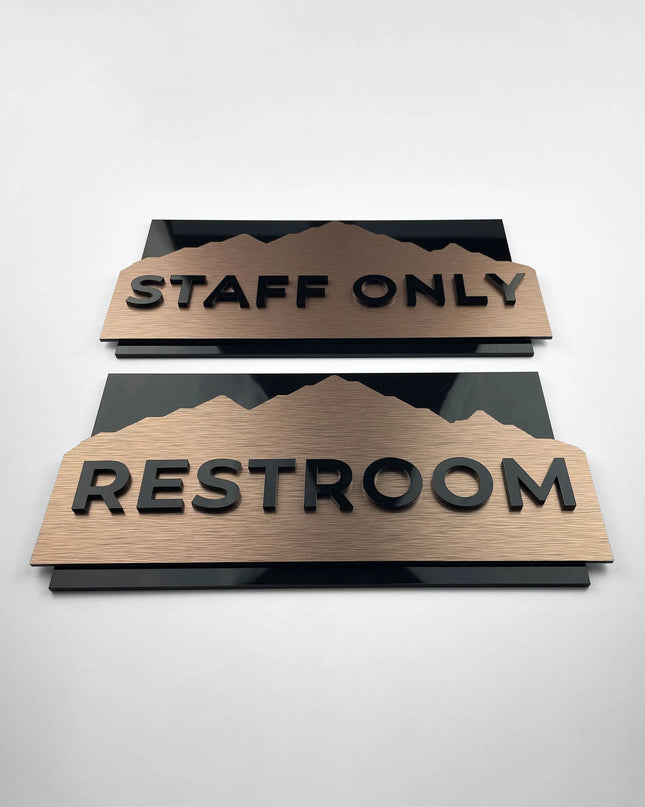 Custom brushed bronze and black acrylic interior door sign by ALUMADESIGNCO, elegant plaque for office doors, hotel interiors, and apartment spaces