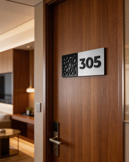 ALUMADESIGNCO Mosaic Design modern room number plaque with acrylic numbers, premium door signage for hotels, apartments, Airbnb properties, and offices