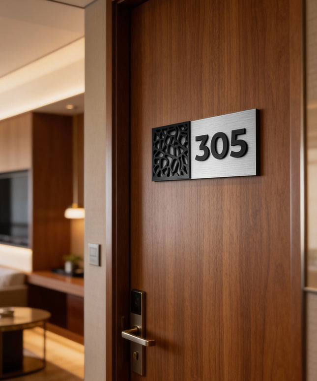 ALUMADESIGNCO Mosaic Design modern room number plaque with acrylic numbers, premium door signage for hotels, apartments, Airbnb properties, and offices