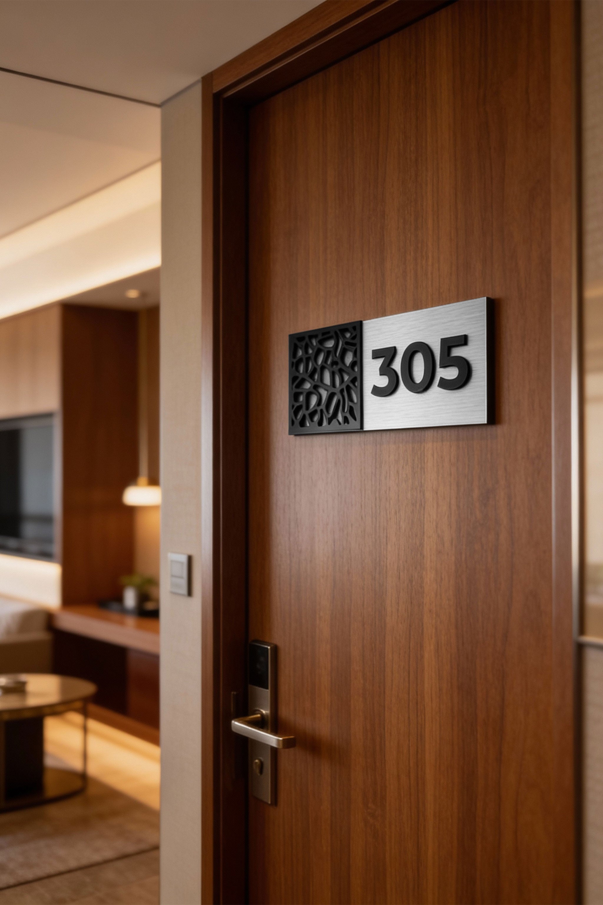 ALUMADESIGNCO Mosaic Design modern room number plaque with acrylic numbers, premium door signage for hotels, apartments, Airbnb properties, and offices