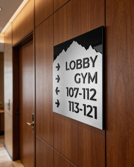 ALUMADESIGNCO Mountain Design directional wayfinding sign with aluminium plate and custom text, premium signage for offices, hotels, apartments, and contemporary interiors