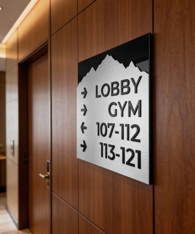 ALUMADESIGNCO Mountain Design directional wayfinding sign with aluminium plate and custom text, premium signage for offices, hotels, apartments, and contemporary interiors