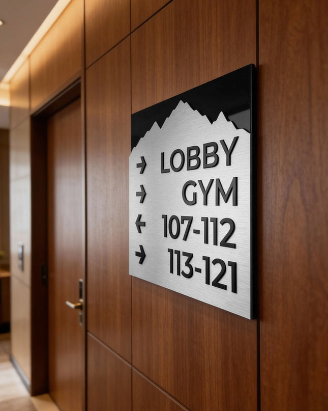 ALUMADESIGNCO Mountain Design directional wayfinding sign with aluminium plate and custom text, premium signage for offices, hotels, apartments, and contemporary interiors
