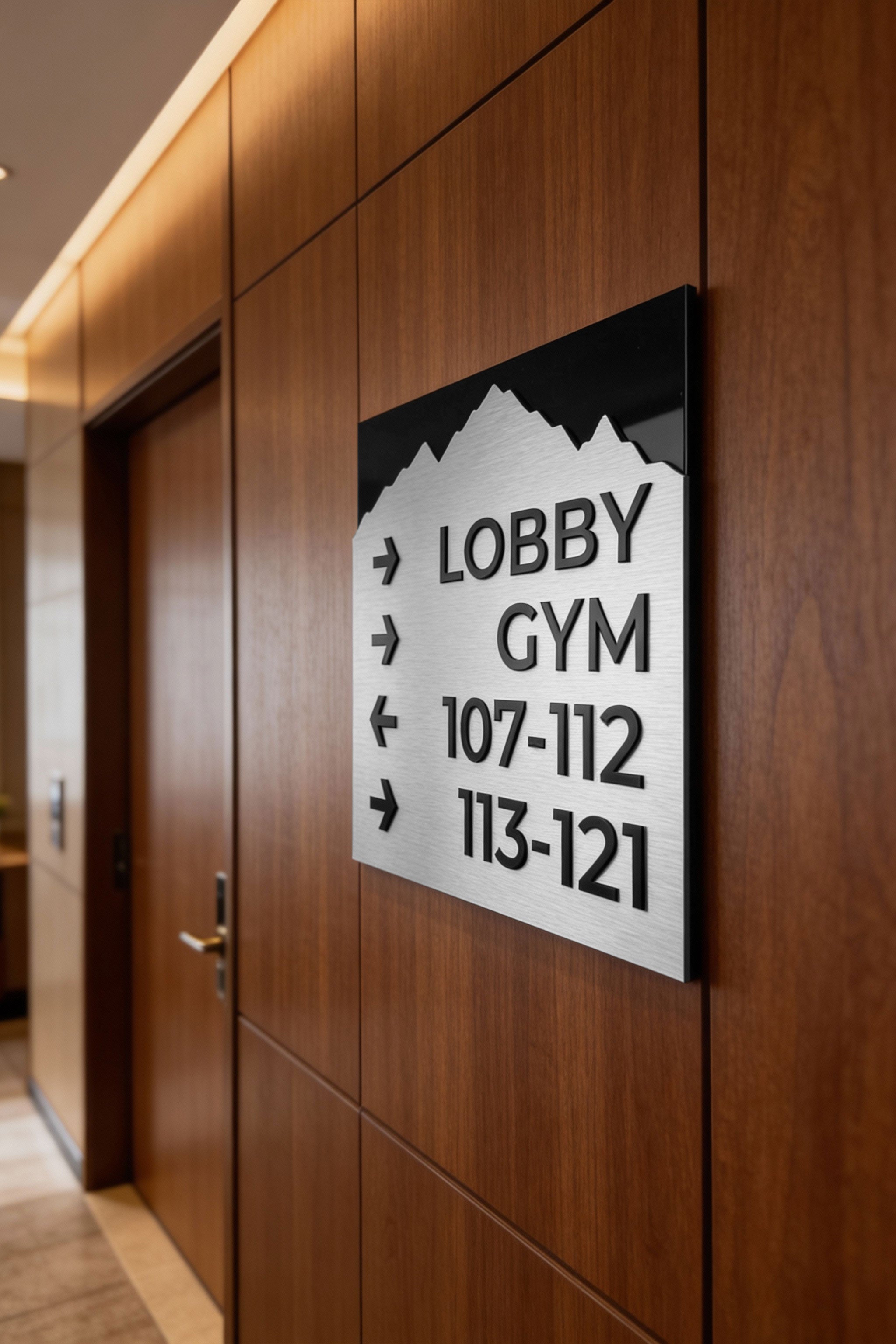 ALUMADESIGNCO Mountain Design directional wayfinding sign with aluminium plate and custom text, premium signage for offices, hotels, apartments, and contemporary interiors