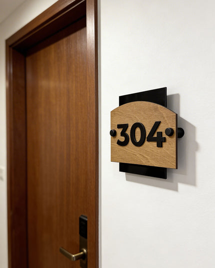 ALUMADESIGNCO Flow Design standoff room number sign with wood and acrylic plate, modern door number signage for hotels, apartments, Airbnb properties, and offices