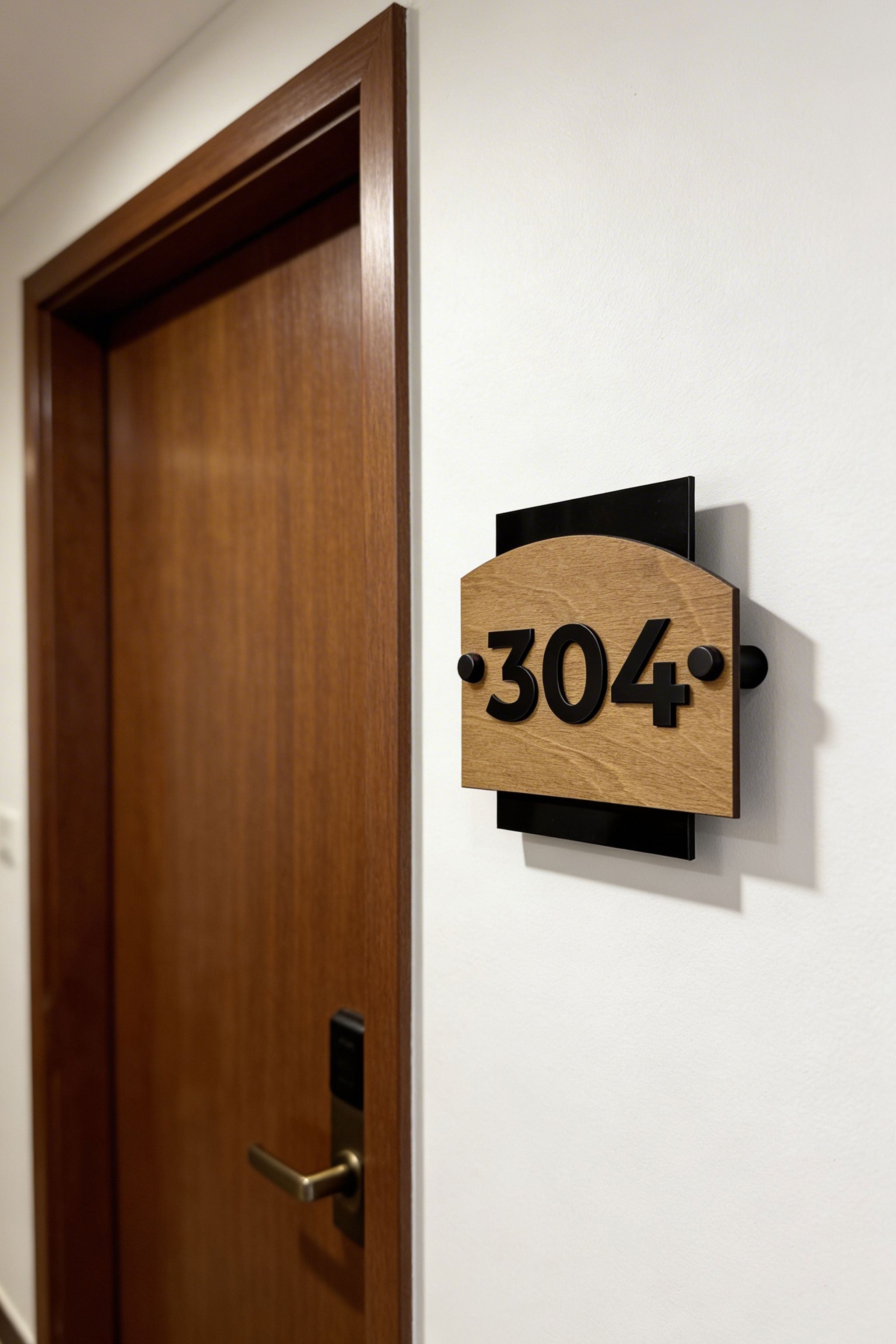 ALUMADESIGNCO Flow Design standoff room number sign with wood and acrylic plate, modern door number signage for hotels, apartments, Airbnb properties, and offices