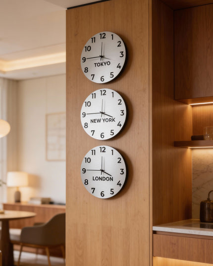 Modern international time zone wall clock by ALUMADESIGNCO with personalized city name plaques, elegant décor for offices, studios, hospitality spaces, and contemporary interiors