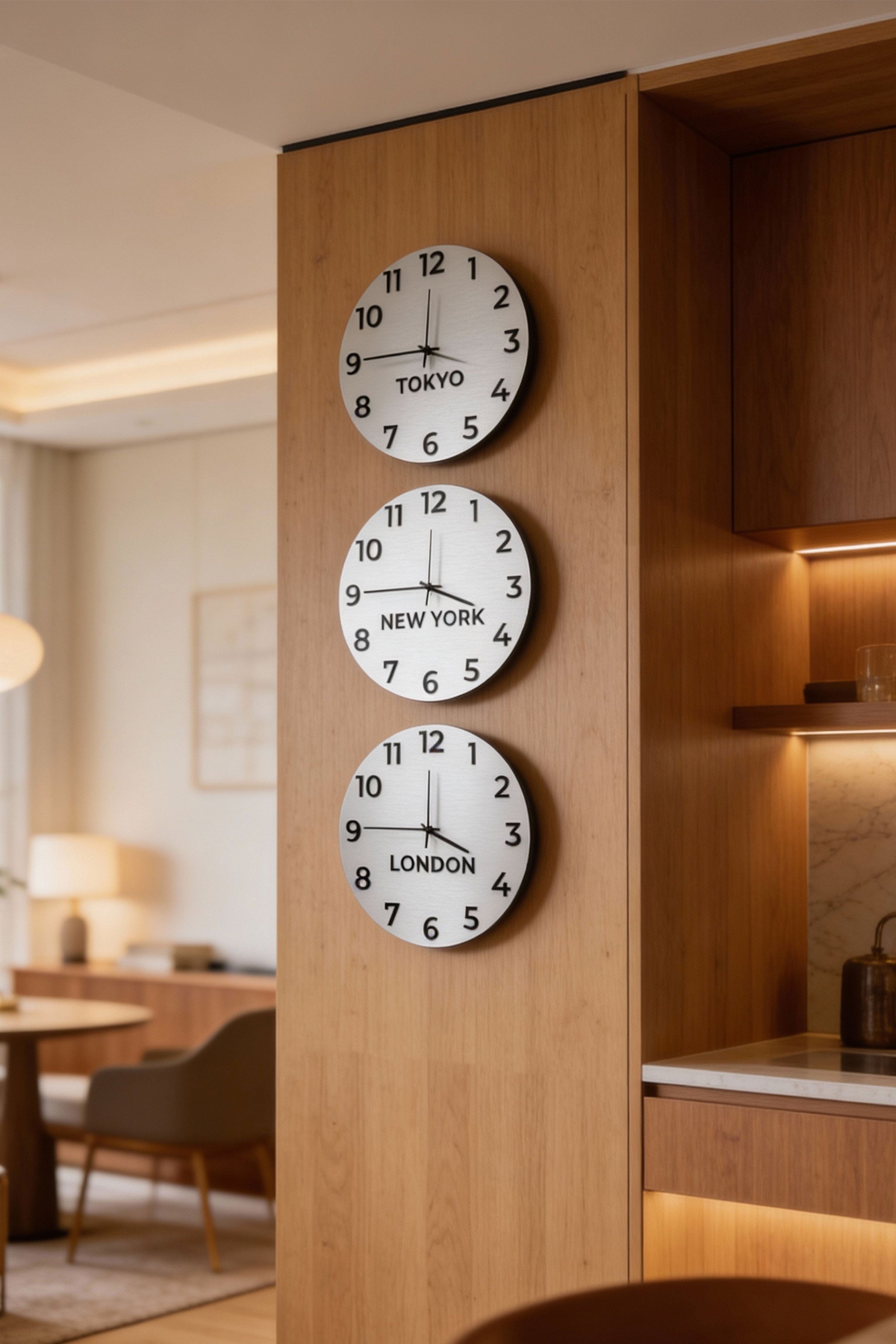 Modern international time zone wall clock by ALUMADESIGNCO with personalized city name plaques, elegant décor for offices, studios, hospitality spaces, and contemporary interiors