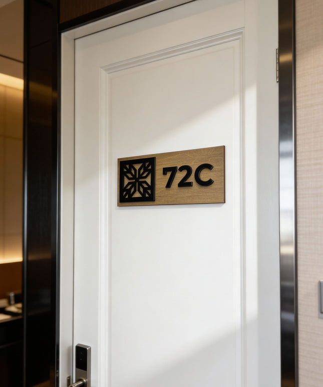 Custom wooden and acrylic room number sign by ALUMADESIGNCO featuring natural wood base and acrylic numbers, modern door plaque for hotel rooms and apartment doors