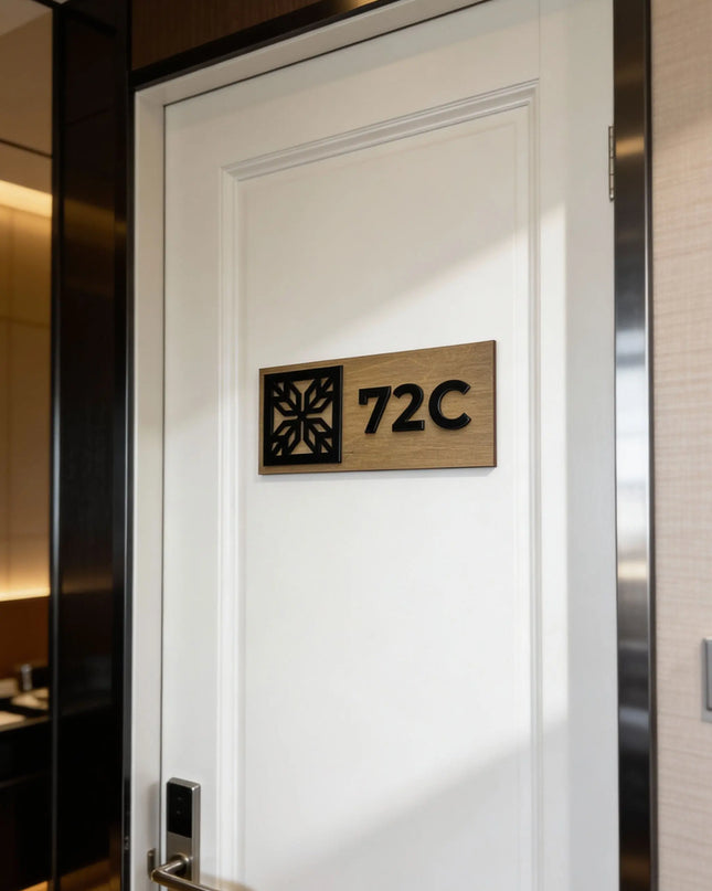 Custom wooden and acrylic room number sign by ALUMADESIGNCO featuring natural wood base and acrylic numbers, modern door plaque for hotel rooms and apartment doors