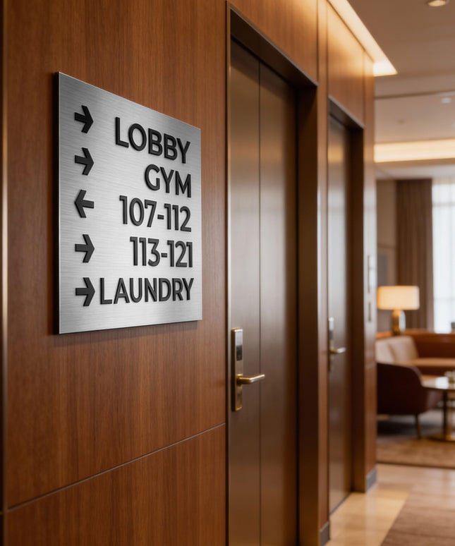 ALUMADESIGNCO Bronze Modern wall plaque wayfinding sign with elegant directional text, premium signage for offices, hotels, apartments, and contemporary interiors