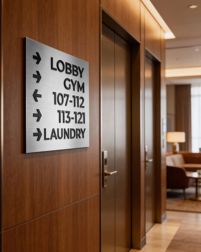 ALUMADESIGNCO Bronze Modern wall plaque wayfinding sign with elegant directional text, premium signage for offices, hotels, apartments, and contemporary interiors