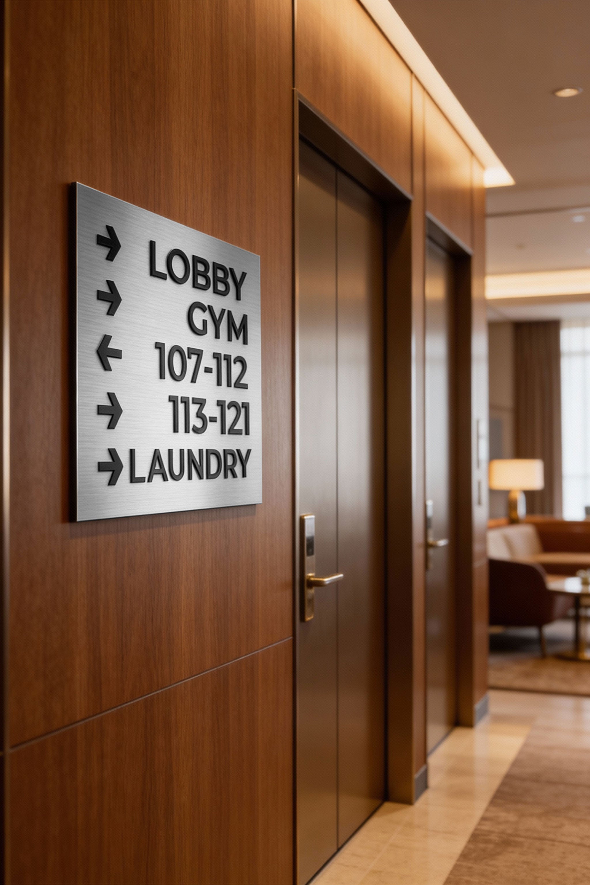 ALUMADESIGNCO Bronze Modern wall plaque wayfinding sign with elegant directional text, premium signage for offices, hotels, apartments, and contemporary interiors