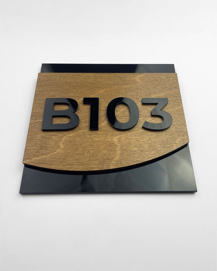 ALUMADESIGNCO birch wood and acrylic custom hotel room number sign Flow Design with minimalist modern style, premium door signage for hotels and hospitality interiors