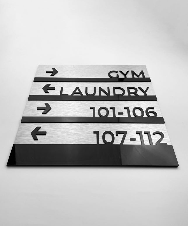 ALUMADESIGNCO premium wayfinding wall plaque in Modern Design, elegant directional signage for offices, hotels, apartments, and contemporary interiors
