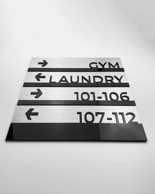 ALUMADESIGNCO premium wayfinding wall plaque in Modern Design, elegant directional signage for offices, hotels, apartments, and contemporary interiors