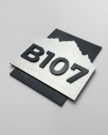 ALUMADESIGNCO Alpine 3D layered hotel door number sign with raised acrylic numbers, premium signage for boutique hotels, Airbnb properties, and offices