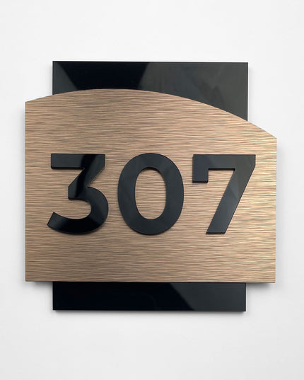 Premium bronze hotel room number sign by ALUMADESIGNCO featuring acrylic glass numbers, modern door signage for hotels, offices, and apartments