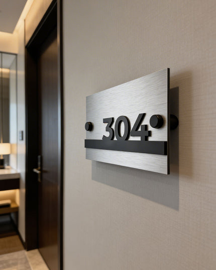 Premium Horizon Design hotel room number sign by ALUMADESIGNCO combining brushed metal plaque and black acrylic numbers, modern standoff wall signage for hotel rooms