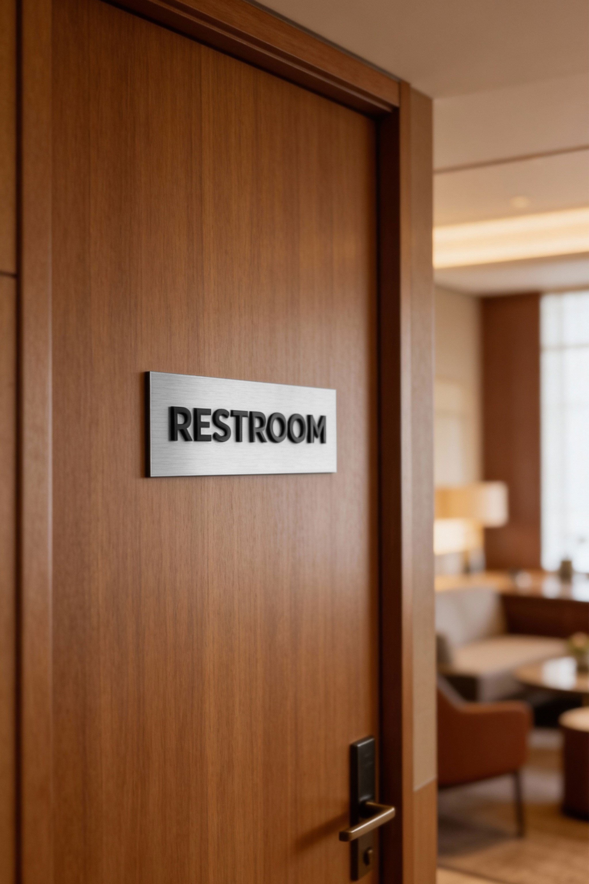 ALUMADESIGNCO premium brushed silver door plaque with black acrylic text, custom signage for offices, hotels, apartments, and modern interiors