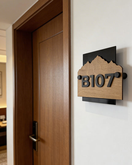 ALUMADESIGNCO Alpine Design customisable standoff wooden hotel wall number sign with natural birch wood plaque and raised acrylic numbers for modern hotel room door signage