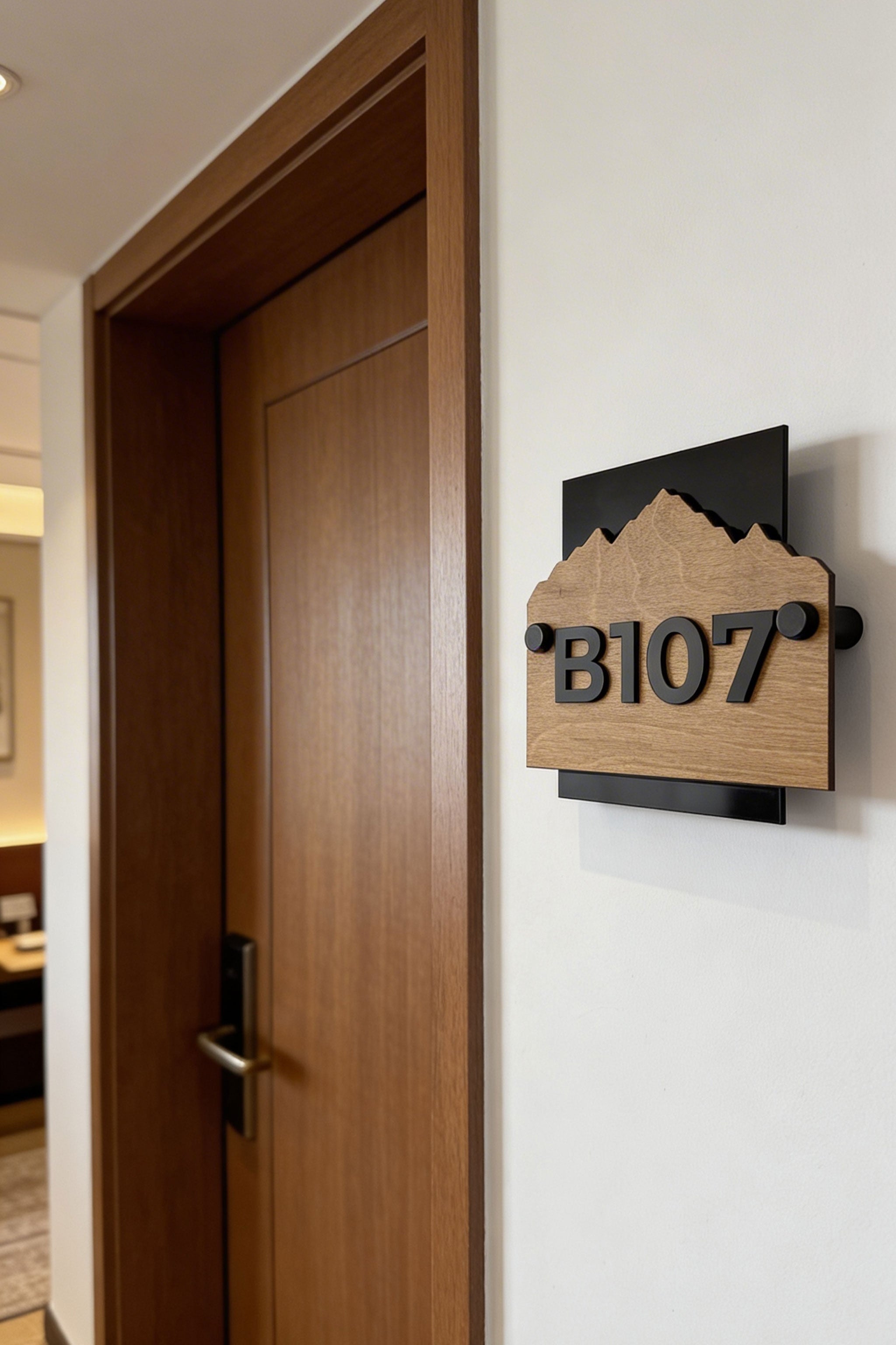 ALUMADESIGNCO Alpine Design customisable standoff wooden hotel wall number sign with natural birch wood plaque and raised acrylic numbers for modern hotel room door signage