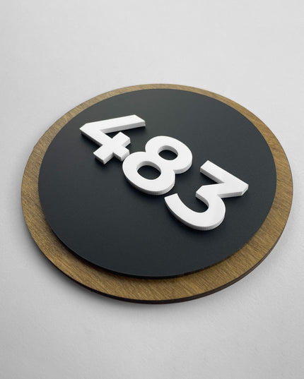 Round Design room number sign by ALUMADESIGNCO crafted from birch wood and black acrylic numbers, modern wood and acrylic door plaque for hotels, apartments, and contemporary interiors